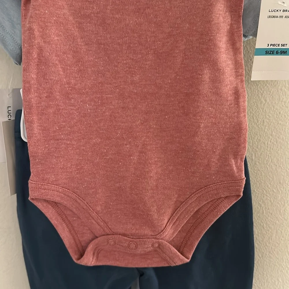 Lucky Brand Infant Boy 3 Pcs Set 6-9 Months Bodysuit Pant Good Luck Good Fortune